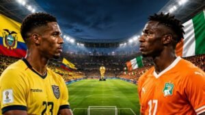 Ecuador vs Costa de Marfil Mundial 2026 en el estadio Lincoln Financial Field de Filadelfia, con jugadores de ambas selecciones en acción durante el debut del Grupo E, destacando a figuras como Moisés Caicedo, Enner Valencia y Franck Kessié en un partido intenso e histórico del Mundial 2026.