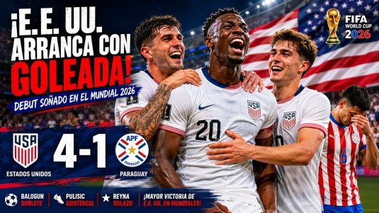 Jugadores de Estados Unidos celebran una contundente victoria por 4-1 sobre Paraguay en el Mundial 2026. Folarin Balogun lidera la celebración tras marcar un doblete histórico, mientras el marcador destaca el triunfo de EE. UU. en su debut mundialista ante una multitud en un estadio lleno.