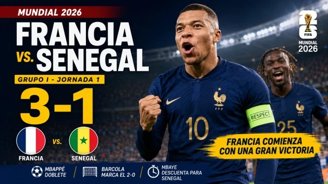 Francia derrota 3-1 a Senegal en el Mundial 2026 con un doblete de Kylian Mbappé durante la primera jornada del Grupo I.