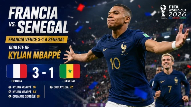 Francia derrota 3-1 a Senegal en el Mundial 2026 con un doblete de Kylian Mbappé durante la primera jornada del Grupo I.