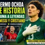 Guillermo Ochoa con la camiseta de México frente al trofeo de la Copa del Mundo, acompañado por imágenes de Lionel Messi y Cristiano Ronaldo, destacando su histórica participación en seis Mundiales.