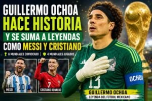 Guillermo Ochoa con la camiseta de México frente al trofeo de la Copa del Mundo, acompañado por imágenes de Lionel Messi y Cristiano Ronaldo, destacando su histórica participación en seis Mundiales.