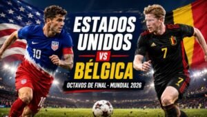 Imagen destacada del partido Estados Unidos vs Bélgica Mundial 2026 en octavos de final, con dos jugadores frente a frente en un estadio iluminado.
