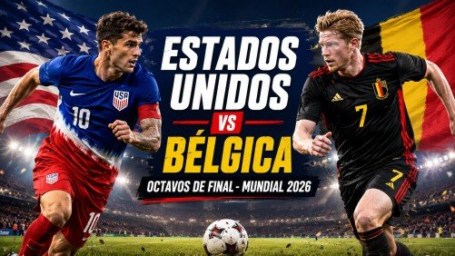 Imagen destacada del partido Estados Unidos vs Bélgica Mundial 2026 en octavos de final, con dos jugadores frente a frente en un estadio iluminado.