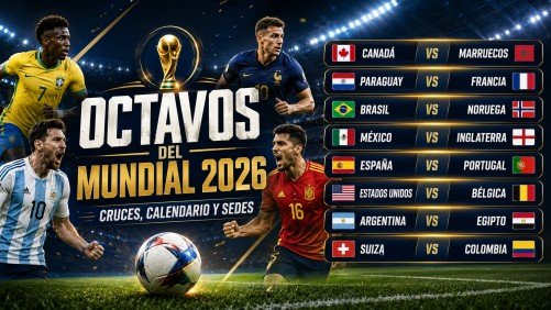 Imagen editorial de los octavos de final del Mundial 2026 con calendario de cruces, jugadores, estadio y partidos destacados.