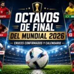 Imagen editorial de los octavos de final del Mundial 2026 con calendario de cruces, jugadores, estadio y partidos destacados.