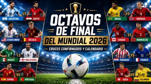 Imagen editorial de los octavos de final del Mundial 2026 con calendario de cruces, jugadores, estadio y partidos destacados.