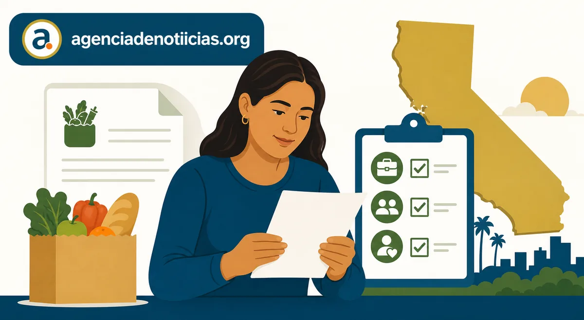 Ilustracion editorial sobre requisitos de trabajo CalFresh 2026 en California