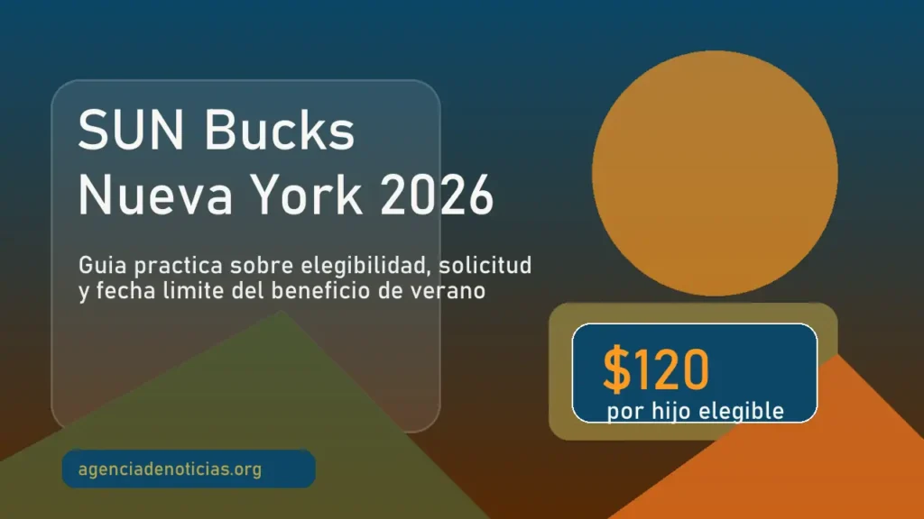 Ilustracion editorial sobre SUN Bucks Nueva York 2026 y ayuda alimentaria de verano