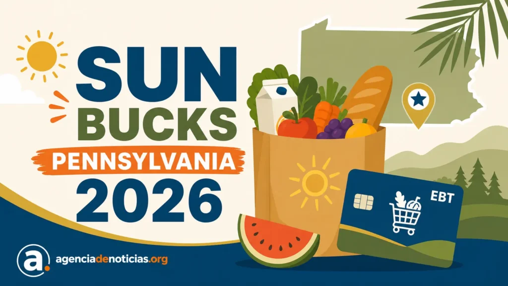 Ilustracion editorial sobre SUN Bucks Pennsylvania 2026 y ayuda alimentaria de verano