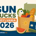Ilustracion editorial sobre SUN Bucks Pennsylvania 2026 y ayuda alimentaria de verano