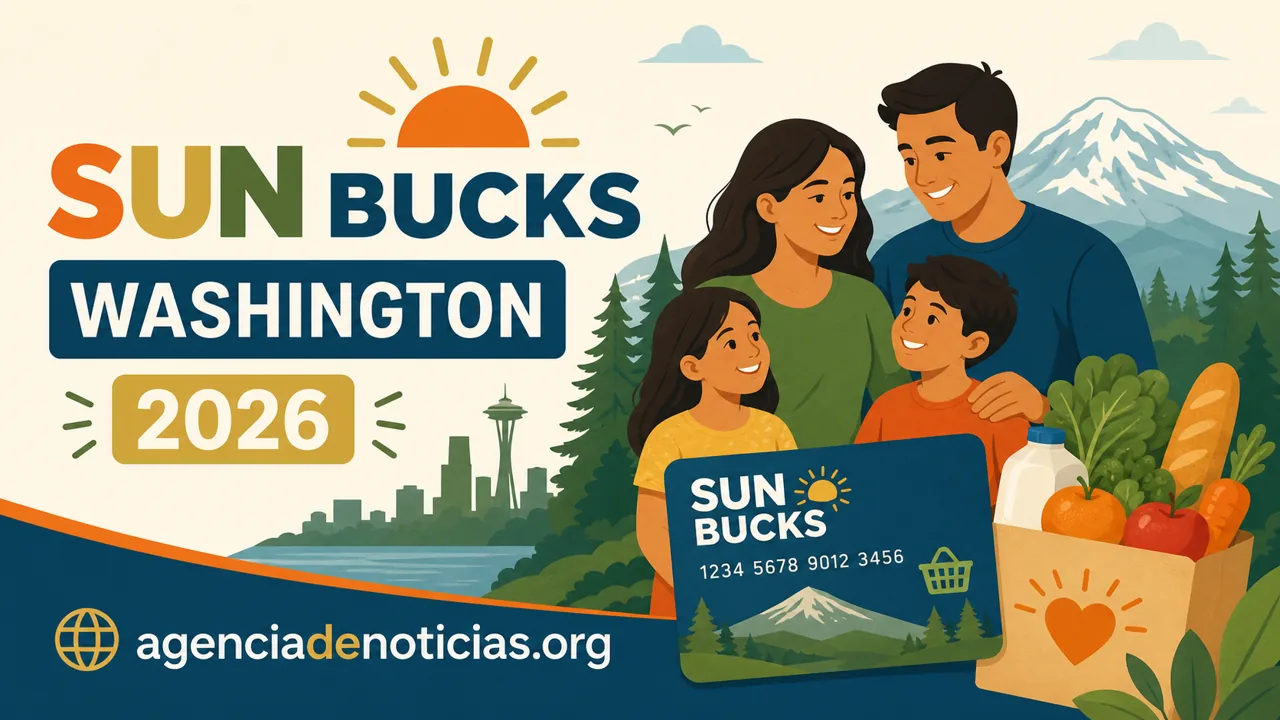 Ilustracion editorial sobre SUN Bucks Washington 2026 y ayuda alimentaria de verano