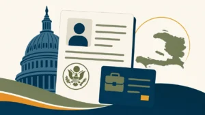 Ilustracion simple sobre actualizacion del TPS de Haiti y permiso de trabajo en Estados Unidos