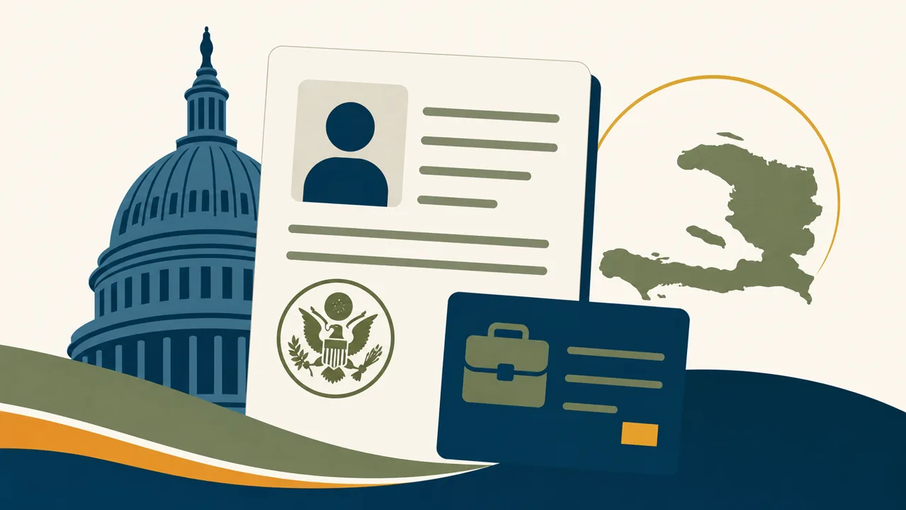 Ilustracion simple sobre actualizacion del TPS de Haiti y permiso de trabajo en Estados Unidos